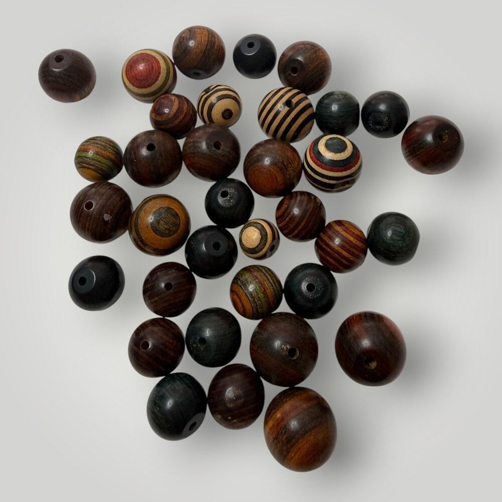 Lot of 35 Vintage Wooden Beads Mixed Sizes Exotic Wood Round Oval Striped Craft